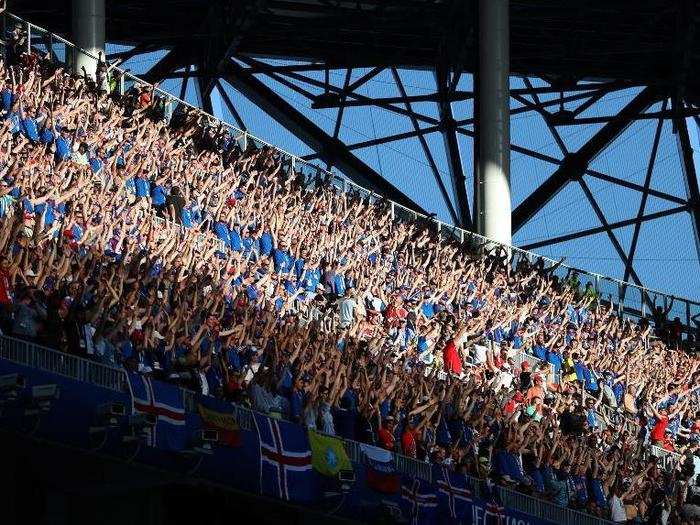 A sea of Iceland fans take part in the "SKOL" chant as their team takes on Nigeria in the group stage.