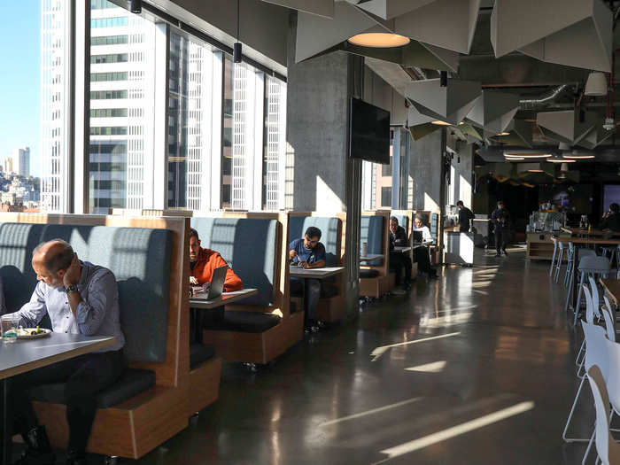 Most of the food is served on the 13th floor, as a way to encourage people to get up from their desks and mingle at least once a day for lunch.