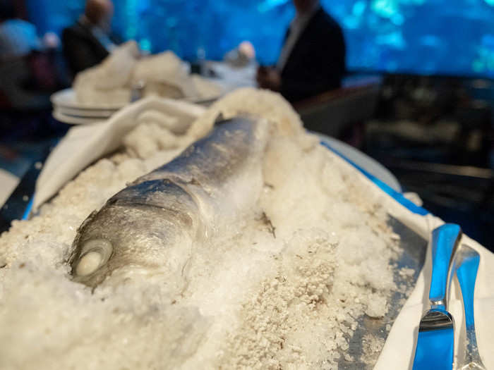 The main courses find the pared-back footing. The salt-baked whole sea bass (980 AED, or $266) is both simple and theatrical, arriving encased in salt and filleted table-side. The fish is as fresh and tender as you