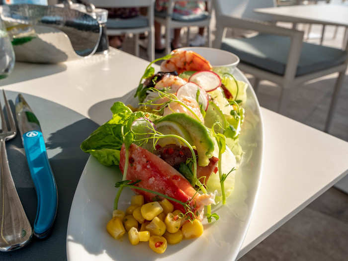 The seafood salad (175 AED, or $48) is likely what restaurateurs mean when they talk about Californian cuisine: light, fresh, with a focus on the ingredients. This featured chilled pieces of king crab, octopuses, prawns, avocado, and corn, in a yuzu dressing.