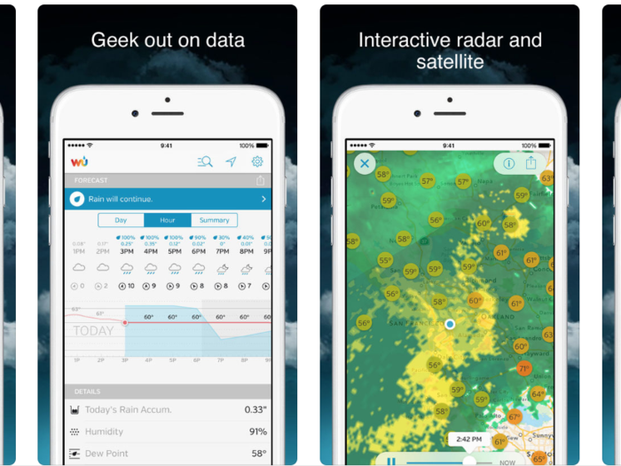 Weather Underground is a great weather app that has actually helped one of our writers figure out how long she should wait under a tree when she was caught out in a rainstorm, thanks to its radar feature.