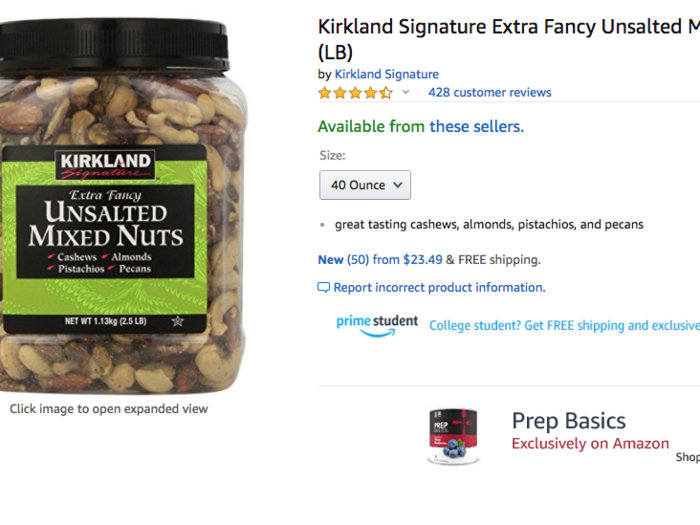 Kirkland unsalted nuts from Amazon were $23.49. At Costco, the same product was $20.49.