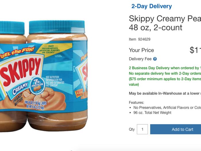 At Costco, a two-count of 48oz. jars of peanut butter cost $11.49. The exact same product at Amazon cost $13.72.