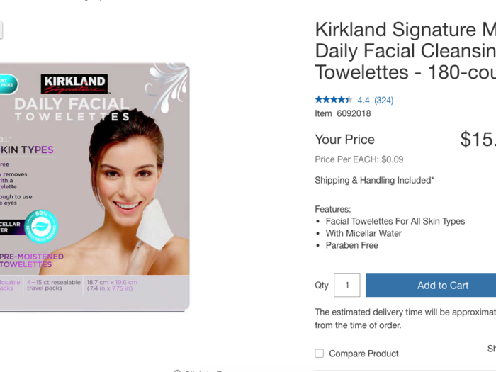 Costco sells a 180-count pack of its Kirkland brand makeup wipes for $15.99. On Amazon, a 50-count pack of Neutrogena brand wipes is $8.89. Costco offered a better deal in this case.