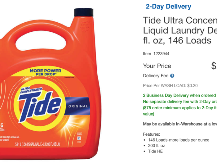 200oz. of Tide laundry detergent costs $28.99 at Costco. On Amazon, you can buy two 100oz. packs of Tide detergent for $26.20.