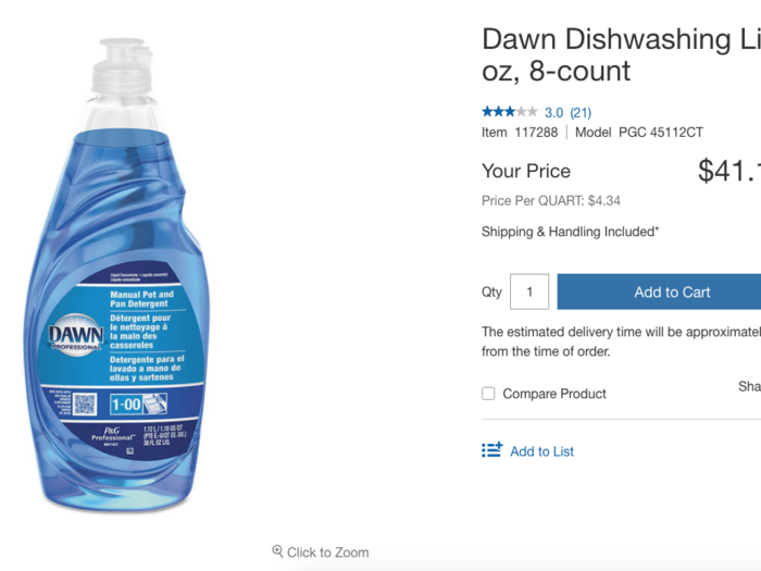 Amazon also was less expensive for cleaning supplies. An 8-count of Dawn dishwashing soap is listed at $39.40 at Amazon, and $41.19 at Costco.