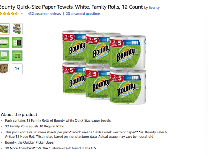 A 12-pack of Bounty paper towels is listed on Amazon for $28.92. At Costco, it costs $29.99.
