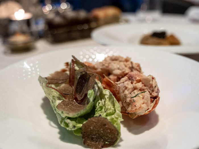 The lobster cocktail (295 AED or $80) was packed with fresh, tender lobster meat brushed with an herby crème fraîche sauce and accompanied by a few leaves of Baby Gem lettuce that were topped with ... black truffle. Dishes like that seem designed to underscore (as if you