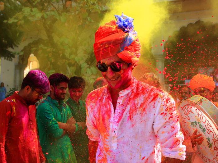 Singh celebrated the Holi festival at the City Palace in Jaipur on March 1, 2018.