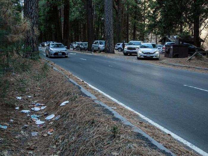 Trash has been tossed along the road at Yosemite, where restrooms are also inundated with feces.