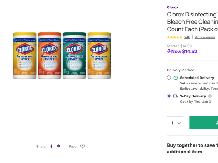 Jet offers a four-pack of Clorox disinfecting wipes for $14.52. Costco offers a five-pack for $16.49. Costco