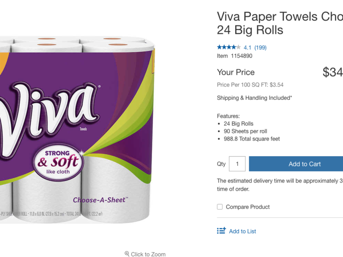 Costco sells a 24-count pack of Viva paper towels for $34.99. Jet sells a 12-count pack for $12.38. Buying two 12-count packs from Jet is less expensive than buying a 24-count pack from Costco.