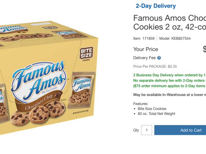 Jet offers 20-count packages of Famous Amos cookies for $6.70 each. If you were getting two, it would total $13.44 before shipping and tax. Costco offers a 42-count package for $14.49. Because it