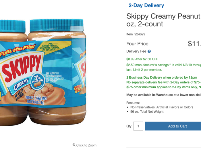 Shopping for groceries at Costco seems to be less expensive, though you need to have a membership in order to access two-day or same-day delivery. At Costco, a pack of two 48 oz. jars of peanut butter costs $11.49. A single 80 oz. jar costs $12.99 at Jet. Costco offers a larger quantity for less money.