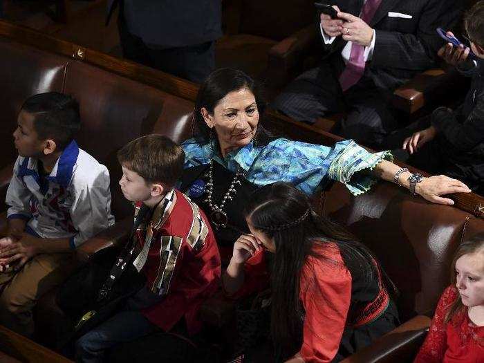 Deb Haaland, one of the first Native American women elected to Congress, wore traditional Pueblo clothing.