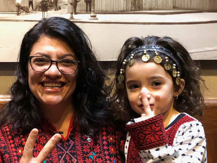 Rashida Tlaib, the first Palestinian-American elected to the House, wore a Palestinian thobe to the ceremony.