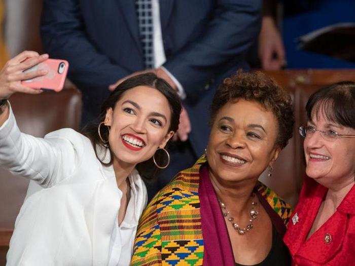 Ocasio-Cortez wore a white pantsuit, which many have taken as a nod to the suffragette movement.