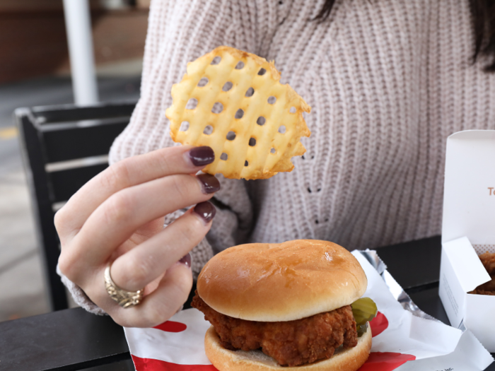 We reached for the incomparable waffle fries first.