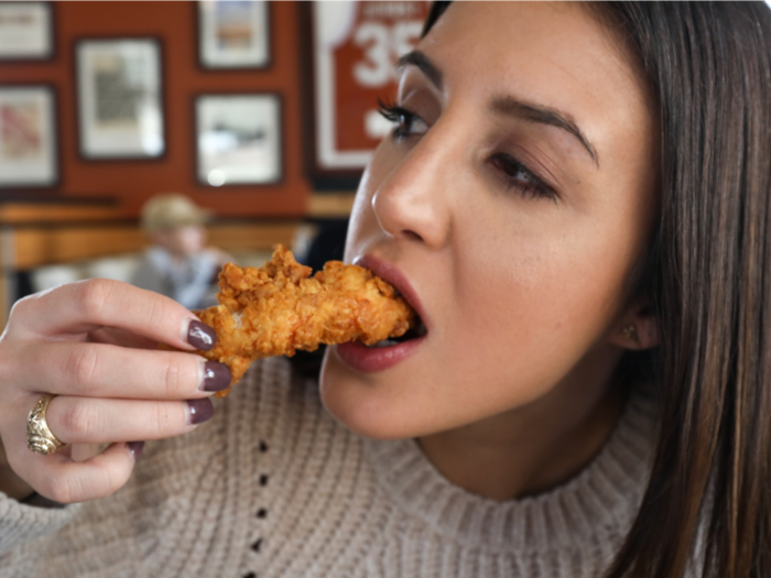 The chicken pieces were fried to golden perfection and held a notably thick breaded exterior. They were delicious except for one problem ...