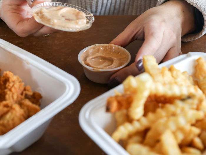 Before diving into the single chicken fingers, we indulged in the crinkle-cut fries. They weren