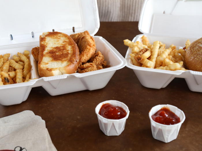  This is what our set-up looked like. Even when you dine in, your food is presented in these Styrofoam to-go-looking containers. 