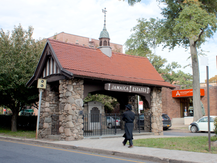 I walked down Hillside Avenue toward the entrance to Jamaica Estates, which is marked by a stately-looking gatehouse. The neighborhood began as a gated community.