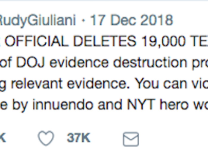 In December, Giuliani took to Twitter to level false accusations that Mueller supervised the deletion of 19,000 text messages between former FBI employees Peter Strzok and Lisa Page, who left their assignments on the Mueller probe and came under conservative scrutiny for exchanging anti-Trump text messages.