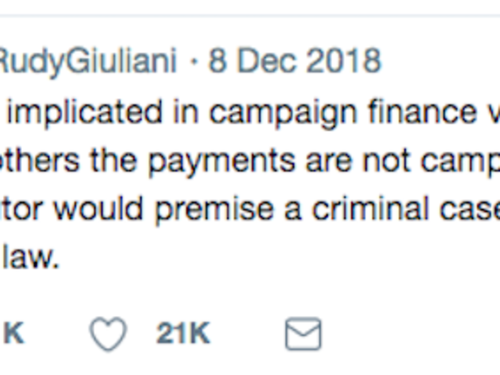 Giuliani then attacked federal prosecutors in the Southern District of New York — the office he used to lead as US Attorney — for naming Trump, or "Individual-1," as an un-indicted co-conspirator to campaign finance violations.