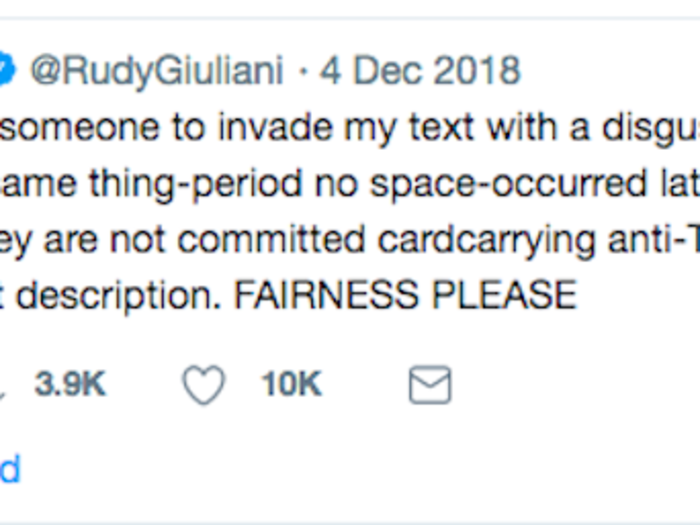 Giuliani then blamed Twitter for his keyboard mishap –– and accused them (and Time Magazine) of being biased against Trump supporters. A representative for Twitter said “the accusation that we’re artificially injecting something into a tweet is completely false.”