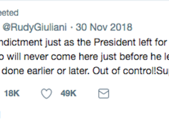 Giuliani then accused special counsel Robert Mueller of being "out of control" by announcing a plea deal with Trump