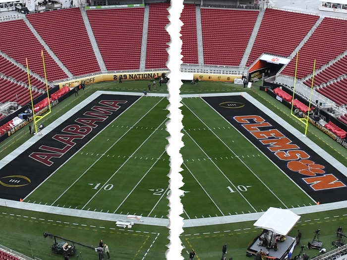  The NCAA stuck with their recent trend of standardizing the fields and courts for championship contests. For the College Football Playoff championship, that means black end zones. 