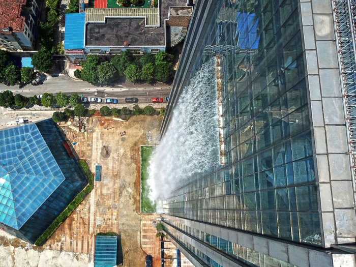 If the waterfall remained turned on for an entire year, it would cost about $1 million. It is nearly 10 feet taller than the Solar City Tower in Rio de Janeiro, Brazil, which previously held the record for tallest man-made waterfall.