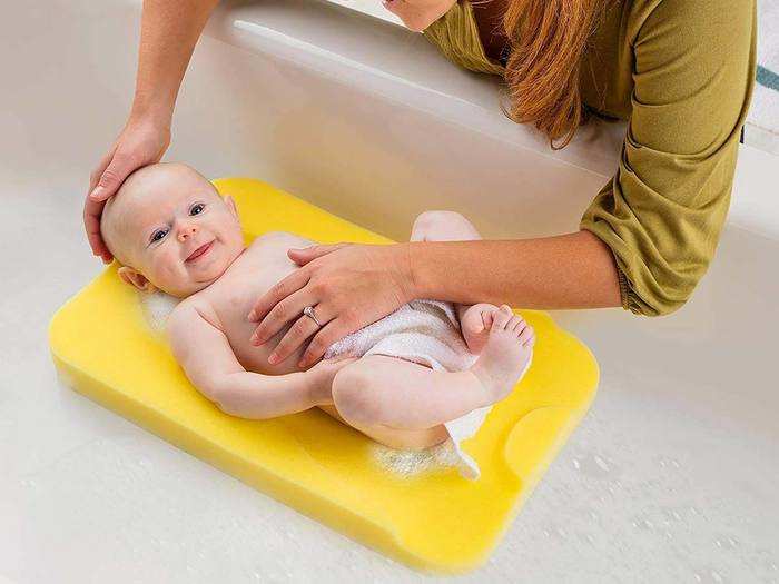 A contoured bath sponge that makes it easier to bathe newborns