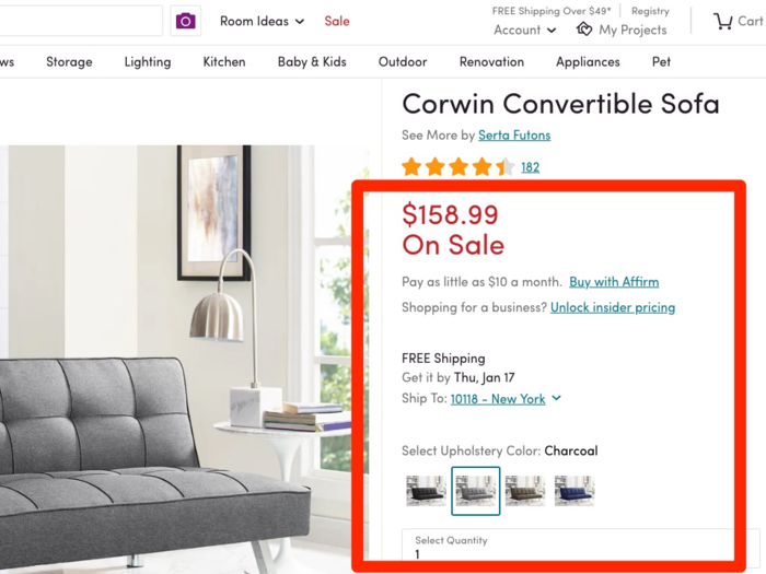But not all Wayfair options are that expensive. I found a different $158.99 futon with a similar price point to its Amazon counterpart. This item also came with free shipping and an eight-day delivery estimate. It also offered special commercial pricing for businesses.