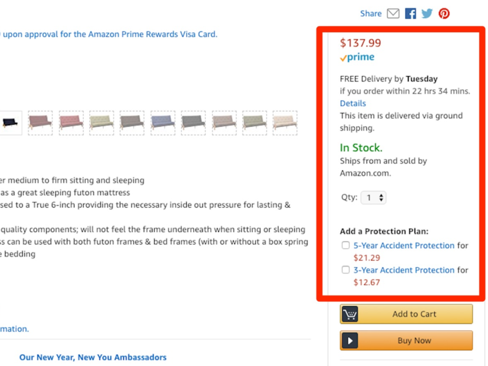 Amazon offered free shipping for Prime members and featured two different accident protection plans. The online retailer also promised to get the futon to me within six days, via Prime.