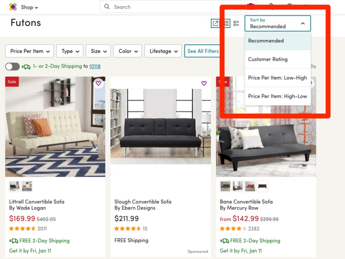 Both sites also allow shoppers to sort pages based on prices and ratings. Based exclusively on the futon offerings, Amazon appears to have fewer expensive furniture items.