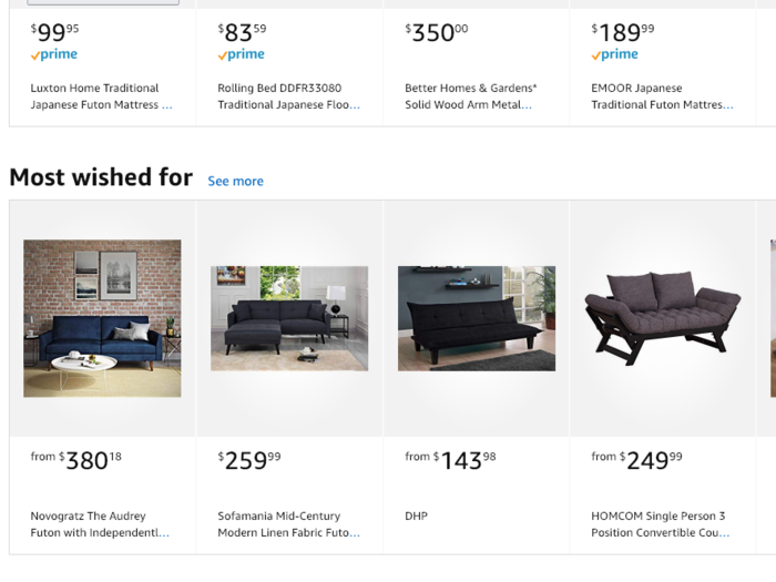 The page organizes its futons and futon-related items under categories like "recommended for you," "top rated," "most wished for," "most gifted," "hot new releases," and "under $100."