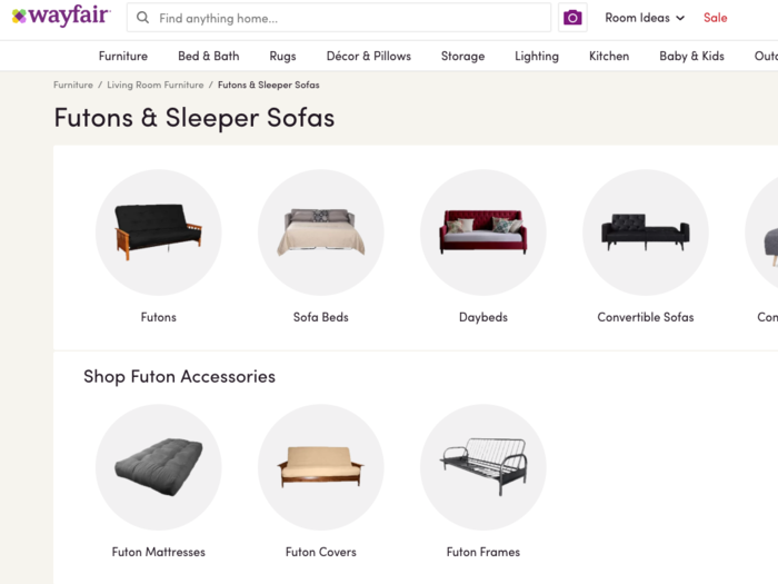 Wayfair divides its products up into sofa beds, daybeds, and convertible sofas. It also lists similar products and accessories like convertible chairs, sleeper ottomans, futon mattresses, futon covers, and futon frames.