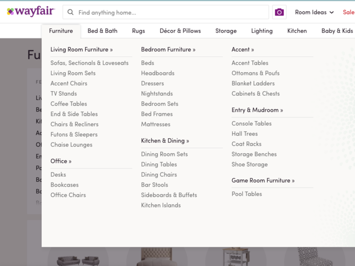 The drop-down menu for furniture also offers tons of specific options, organized based on location ...