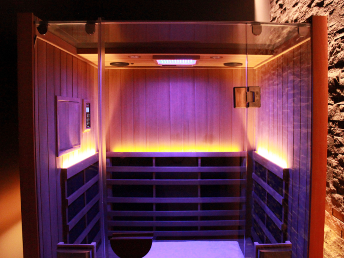 My next stop was one of the private infrared saunas. An infrared sauna differs from a traditional sauna in that it heats your body directly rather than using heat to warm the hair, which in turns warms your body, according to the Mayo Clinic.