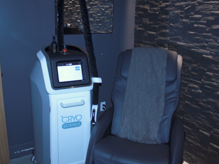 In the same room is a massage chair where clients can sit while getting a cryofacial. The cryofacial machine is portable and can, alternatively, be moved into a private room.