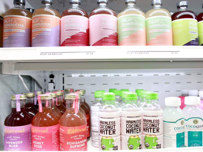 You can also get bottled juices and smoothies and other drinks such as kombucha and coconut water.