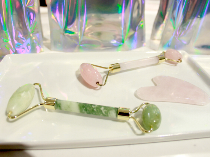 ... and jade and rose quartz face rollers, which some say can help reduce puffiness and wrinkles.