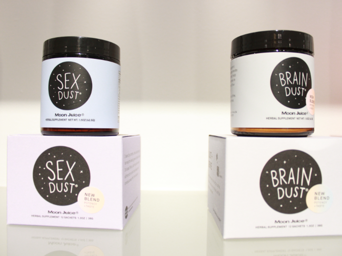 ... the trendy "Sex Dust" and "Brain Dust" products from Moon Juice ($38 online), which are meant to be sprinkled into coffee, tea, water, or smoothies in order to improve vitality and enhance mental stamina, respectively ...