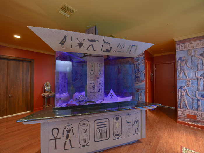 Another "aquarium-style" room features a triangular saltwater fish tank.