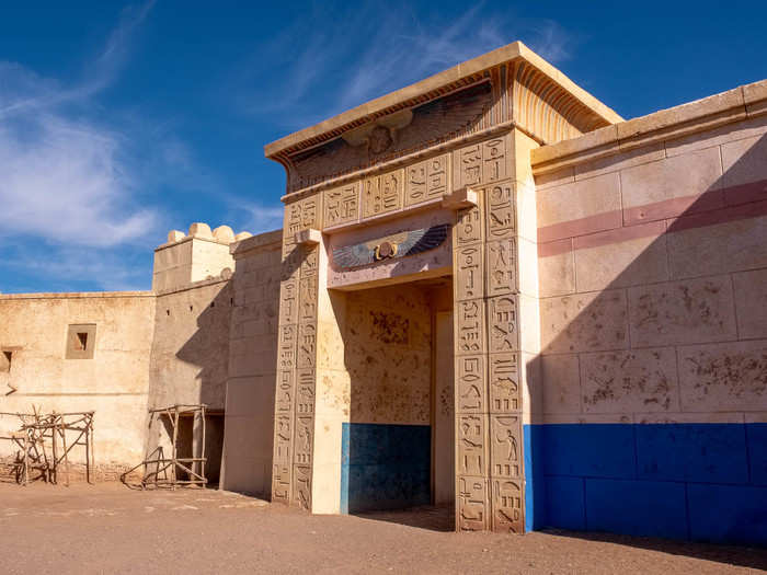 This elaborate entrance was used for "Asterix and Obelix Meet Cleopatra," a highly regarded 2002 French comedy-fantasy film starring Gerard Depardieu and Monica Bellucci. It was the most expensive French film ever made at the time.