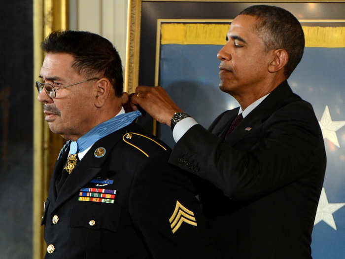 Spc. 4th Class Santiago Erevia, one of only three living recipients awarded during the ceremony, charged his enemy with an M16 in each hand.