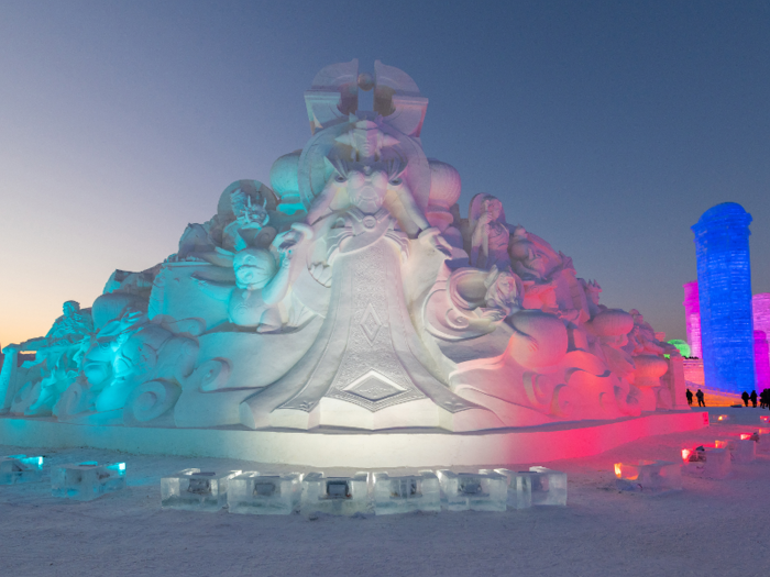 Snow sculptures far bigger than any snowman can be found, too.