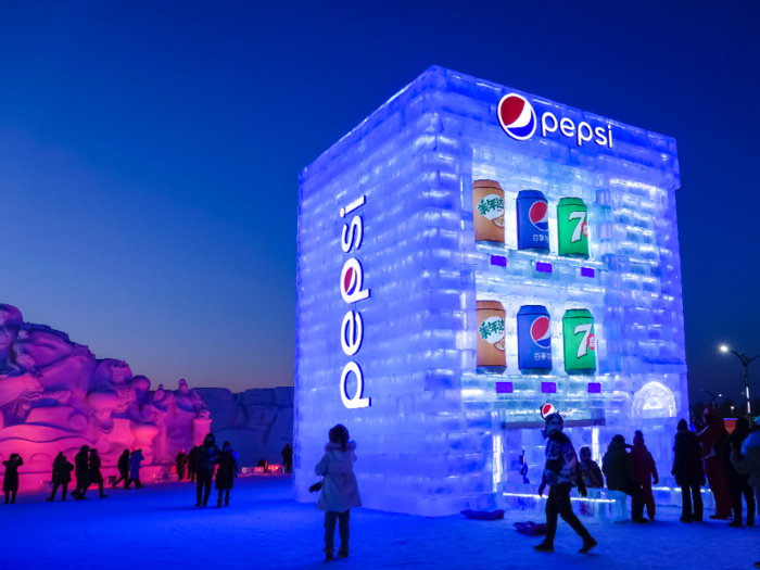 Some sculptures are affiliated with a brand, like this ice vending machine.