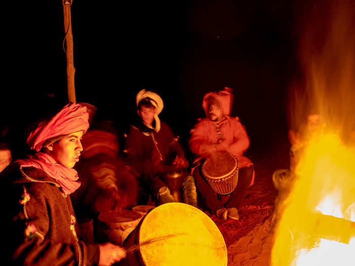 The Berbers brought out many drums of different sizes made from wood or ceramics and goat skin and garagb (metal castanets). They sang many songs which they said were specific to the Ait Khebbach tribe. Afterwards, they handed us the drums and said to sing an English song. After much deliberation, we settled on The Beatles "Hey Jude."